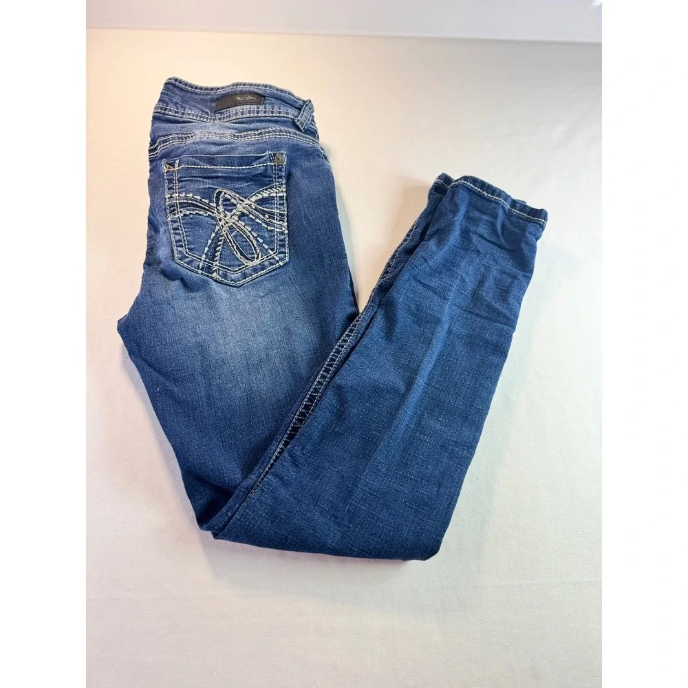WallFlower Skinny Jeans Womens 11/12 Dark Wash Embroidered Pockets Denim Pants‎